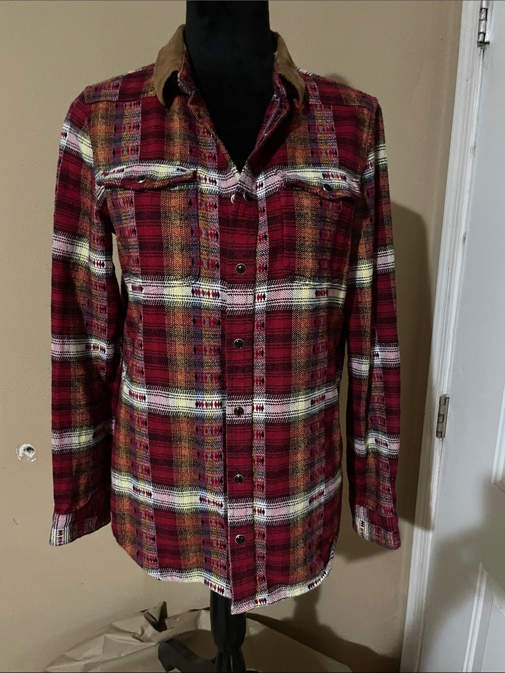 art class Red Plaid Button-Front Women's Jacket with Tan Collar